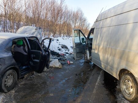 Accident of a car and a cargo vanの写真素材