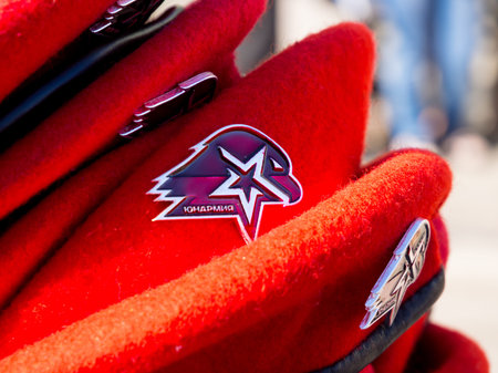 Murmansk, Russia - April 22, 2019: Beret Yunarmeytsa close up