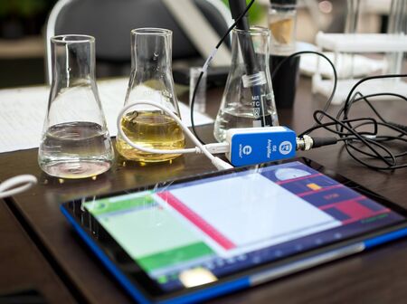 Voronezh, Russia -  June 05, 2019: A complex for analyzing water parameters based on a tabletのeditorial素材