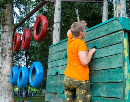 Zadonsk, Russia - Juny 24, 2019: Playground with an obstacle course from improvised materialsのeditorial素材