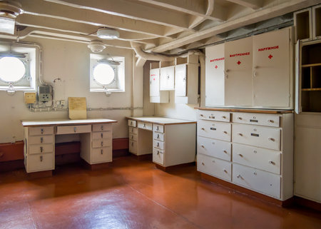 Novorossiysk, Russia - August 01, 2019: The interior of the ship's first-aid post, the cruiser