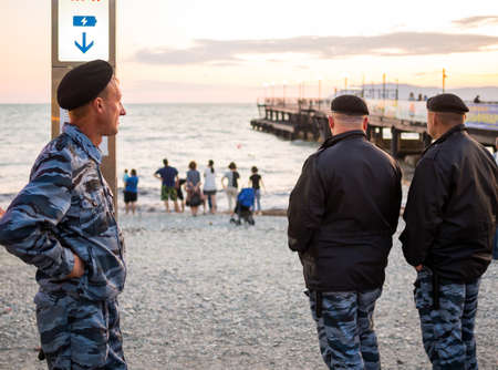 Kabardinka, Russia - August 8, 2019: Law enforcement officers patrol the beach area, f Kabardinkaのeditorial素材