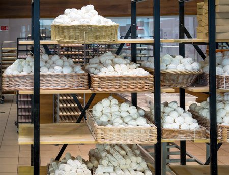 Shelves with fresh marshmallows in the factory