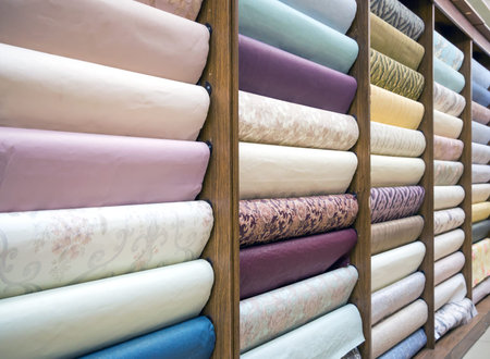 Samples of different wallpapers on store window racks
