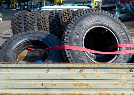 Voronezh, Russia - September 4, 2019: New tires for trucks are in the back of a carのeditorial素材