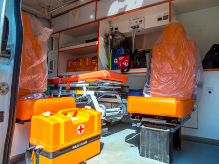 Voronezh, Russia - September 05, 2019: Interior medical ambulance van insideのeditorial素材