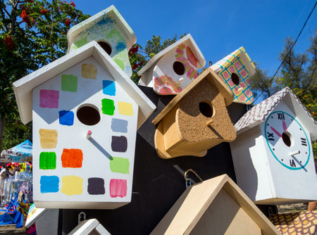 Voronezh, Russia - September 05, 2019: Several new birdhouses painted with paints