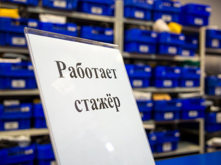 Sign Trainee is working at the counter of Russian Post