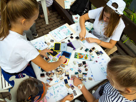 Russia, Voronezh - September 2019, 08: Master class on drawing with stamps with childrenのeditorial素材