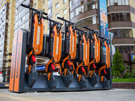 Russia, Voronezh - August 2019, 24: Automated rental of electric scooters, RC "Olympic", city of Voronezhのeditorial素材