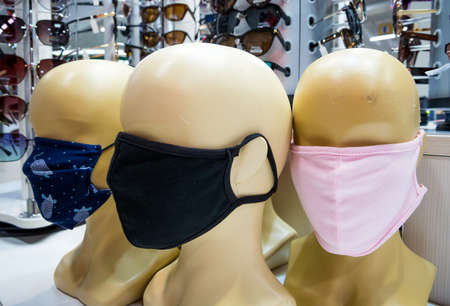 Voronezh, Russia - July 04, 2020: Reusable cloth masks worn on mannequin headsのeditorial素材