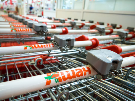 Voronezh, Russia - July 04, 2020: Rows of shopping carts in the Auchan supermarketのeditorial素材