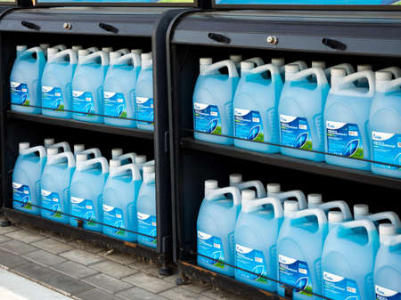 Voronezh, Russia - September 15, 2020: Rack with washer fluid at a gas stationのeditorial素材