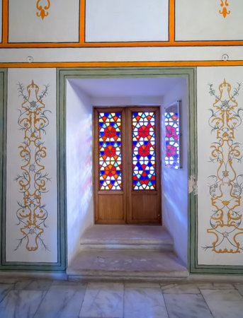 Bahchisaraj, Russia - September 18, 2020: Stained glass side door of the Sofa Hall of the Khan Palace, Bakhchisarai, Crimeaのeditorial素材