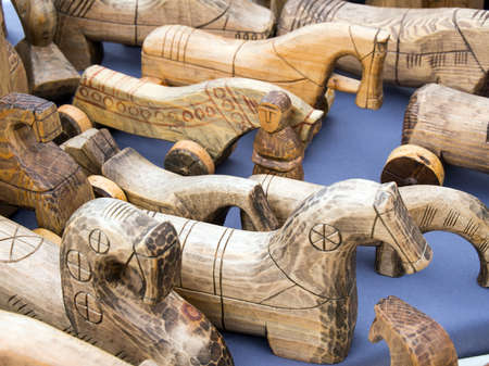 Sevastopol, Crimea - September 19, 2020: Wooden children's toys in the form of horsesのeditorial素材