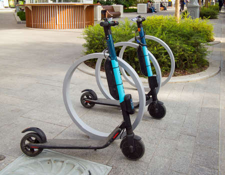 Sevastopol, Crimea - September 19, 2020: Parking place for rental electric scooters, Sevastopol. Crimeaのeditorial素材