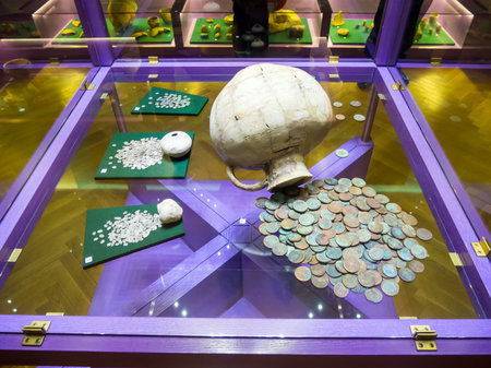 Tula, Russia - January 3, 2021: Showcase with treasures from the numismatic collection of the Tula...