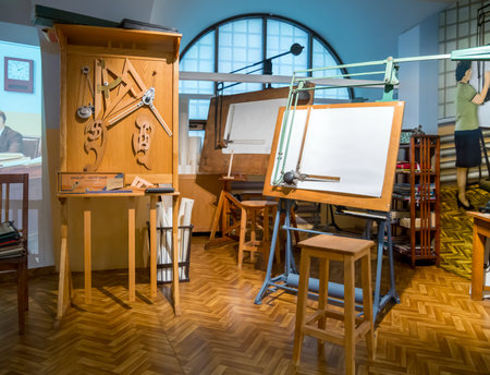 Tula, Russia - January 04, 2021: Reconstruction of the environment of the design bureau of the times of the USSR. Tula State Museum of Weaponsのeditorial素材