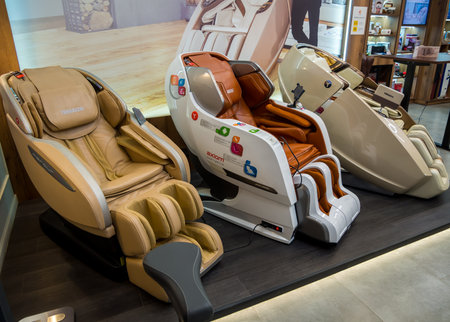Voronezh, Russia - November 28, 2021: Demonstration of models of Yamaguchi brand massage chairsのeditorial素材