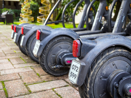 Sochi, Russia - February 2023, 23: Electric scooters are parkedのeditorial素材