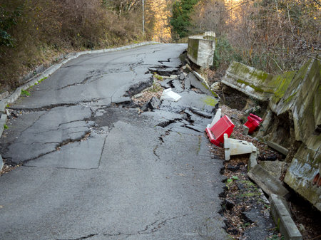 Road destroyed by a landslide in the mountains