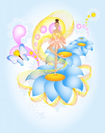 Fairytale Ballet, ballerina dencing on blue flower in magic fairytale with butterfliesのイラスト素材