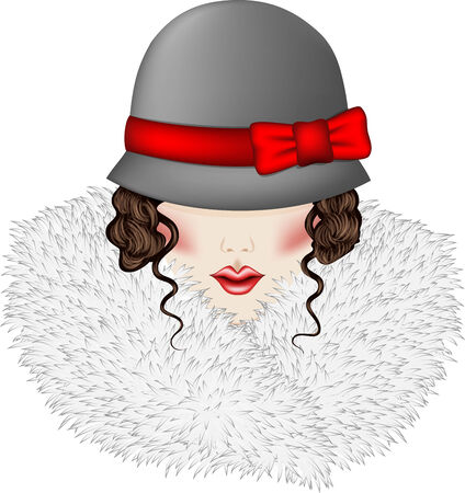 Portrait of woman with curly hair dressed in vintage hat and fur collar. Some elements made by Gradient Meshのイラスト素材