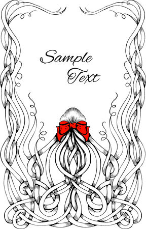 Black and white frame made by long curly hair with big red bow. Can be used for posters about hair, as a frame. Sketch styleのイラスト素材