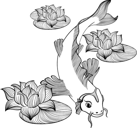 Koi fish with three flowers of lotus created in Line Artのイラスト素材