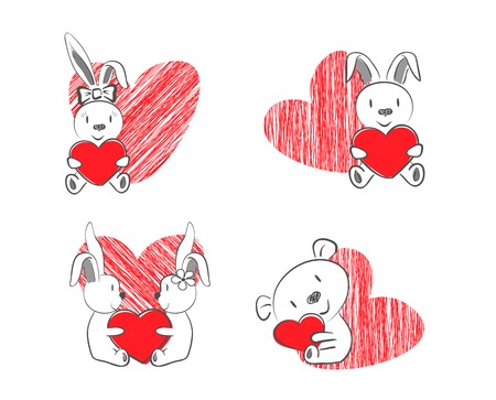 Hand Drawn Valentine\'s Icons: bear, rabbit girl, rabbit boy, rabbits-coupleのイラスト素材