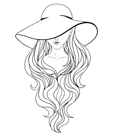 Young girl in a vintage hat with large fields and long hair. Line art.のイラスト素材
