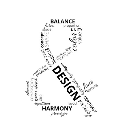 Word cloud about theory and principles of design in the shape of ampersand.のイラスト素材
