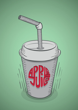 Disposable glass with straw and red sign apple juice. Sketch styleのイラスト素材