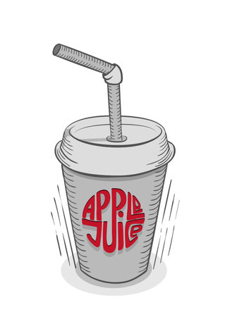 Disposable glass with straw and red sign apple juice. Sketch styleの写真素材