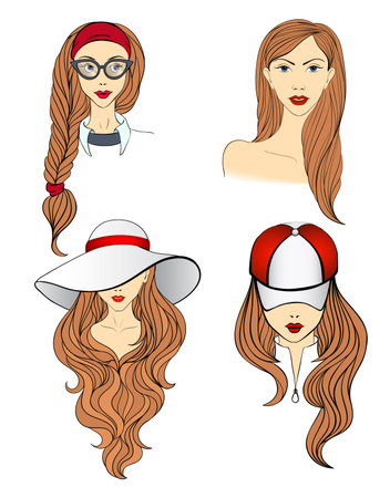 Four blond young girls  with long hair made in sketch doodling style. Girl - nerd with cat-eyes style glasses, lady in the baseball cap, and a women in vintage classic hat with long fields.のイラスト素材