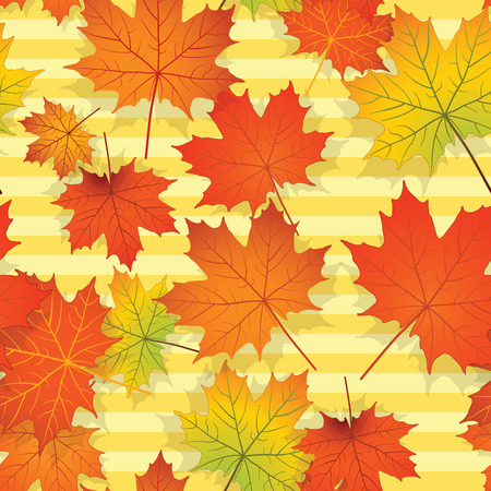 The illustration of seamless pattern with red, green, yellow maple leaves on orange striped backgroundのイラスト素材