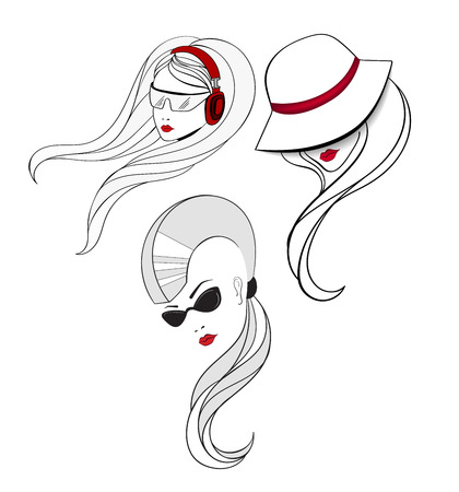 One have the haircut with shaved sides and long tail in the back with cat eyes glasses. Elegant women in vintage hat and girl who listen the music with red headphonesのイラスト素材
