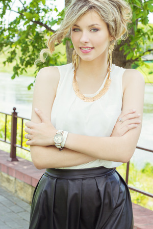portrait of a beautiful sexy girl with large plump lips with white curlsの写真素材