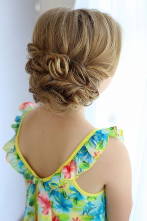 Portrait of a beautiful little girl with hair the evening in bright summer dress with make-upの写真素材