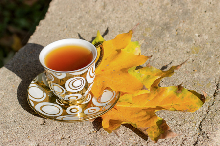 small golden cup of tea on a saucer standing on a bench in the autumn the warm sunny dayの写真素材