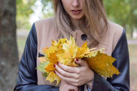 pretty girl in jeans and coat with bright colored leaves walking in autumn parkの写真素材