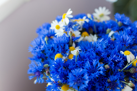 beautiful big bouquet of wild flowers of cornflowers and daisies standing on a table in a potの写真素材