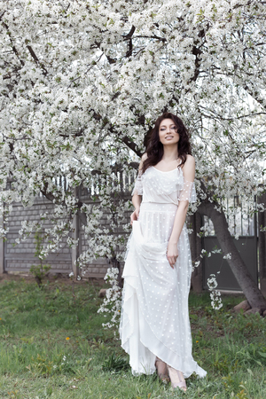 Beautiful sexy girl with a gentle make-up in a long light dress among the flowering trees walks in the spring garden on a warm sunny dayの写真素材