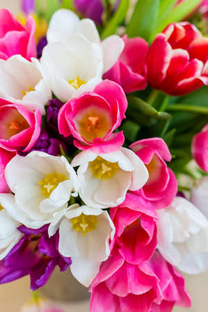 Beautiful big spring bouquet of multicolored tulipsの写真素材
