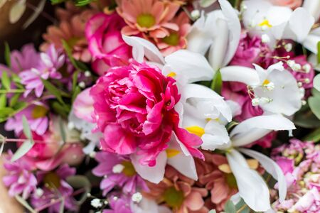 Beautiful big spring bouquet of multicolored tulipsの写真素材