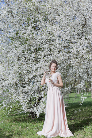 beautiful tender sweet girl in a pink dress with a hairdo near blossoming tree on a sunny spring dayの写真素材