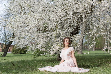 beautiful tender sweet girl in a pink dress with a hairdo near blossoming tree on a sunny spring dayの写真素材