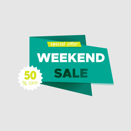 Weekend sale special offer banner,up to 50% off. Vector illustration.Use for advertising product or service. Hot Offer label or sticker. Sale tag.Green icon on white background.Icon for special offer.のイラスト素材