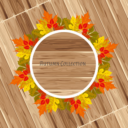 Autumn frame on wood background. Vector illustration. Floral vector pattern. Fashion Graphic Design. Beauty concept. Bright colors leaves. Template for prints, textile, wrapping and decoration.のイラスト素材