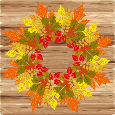 Autumn frame on wood background. Vector illustration. Floral vector pattern. Fashion Graphic Design. Beauty concept. Bright colors leaves. Template for prints, textile, wrapping and decoration.のイラスト素材